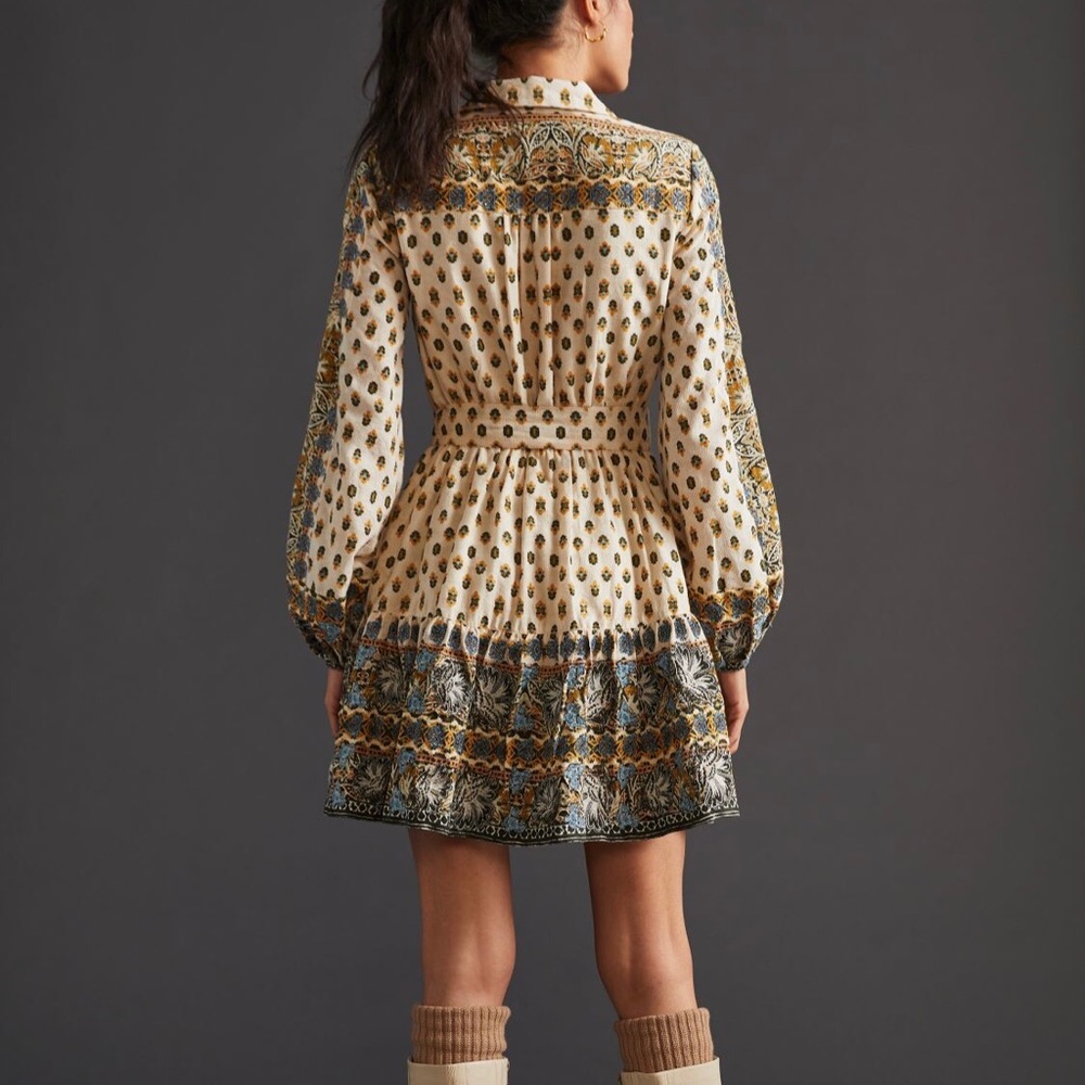 Anthropologie Floral Embroidered Long Sleeves Cream Silver Mini Shirt Dress XS - Picture 2 of 6